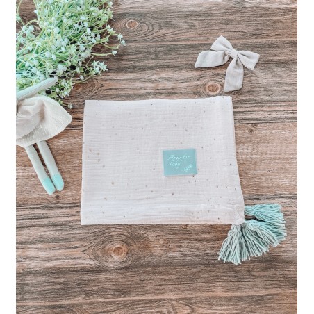 Kocyk muślinowy dots Eco muślin collection peach pompons grey