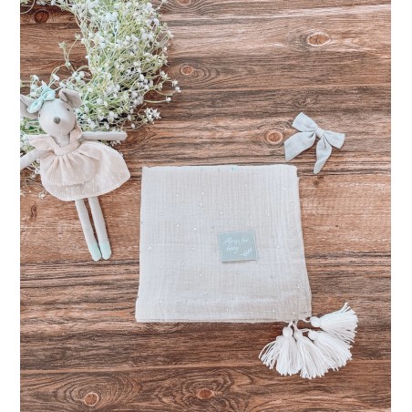 Kocyk muślinowy Stars Eco muślin collection beige pompons white