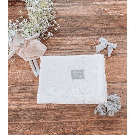 Kocyk muślinowy Stars Eco muślin collection white pompons grey
