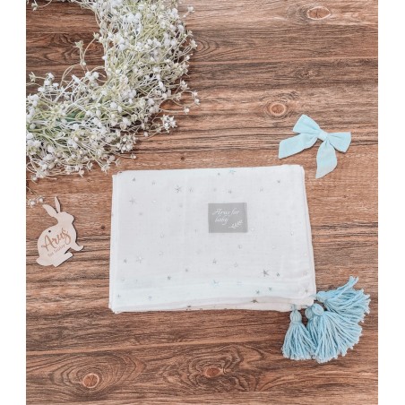 Kocyk muślinowy Stars Eco muślin collection white pompons blue