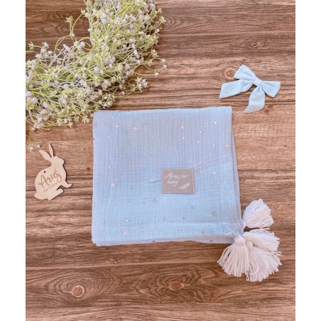 Kocyk muślinowy Stars Eco muślin collection baby blue pompons white