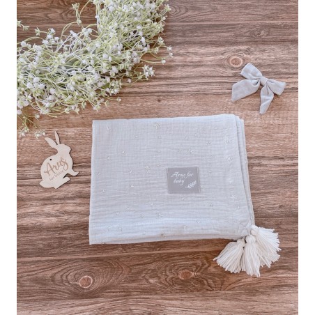 Kocyk muślinowy Stars Eco muślin collection grey pompons white