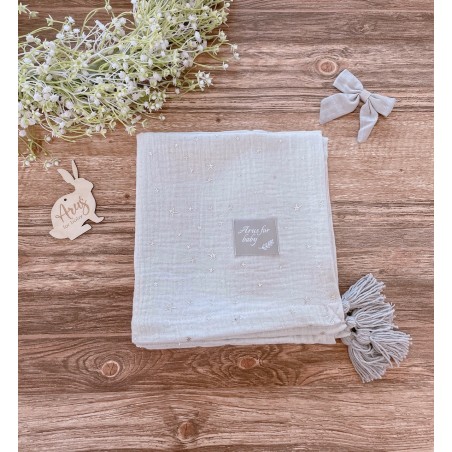 Kocyk muślinowy Stars Eco muślin collection grey pompons grey