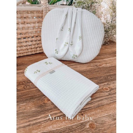 Zestaw bunny kocyk wafelek + poduszka Boho leafs + white
