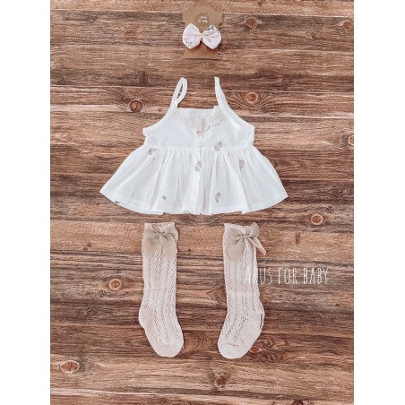 Bluzka na ramiączkach haftowana z koronką śmietankowa