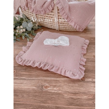 Poduszka Eco muslin stars z falbanką pudrowy róż