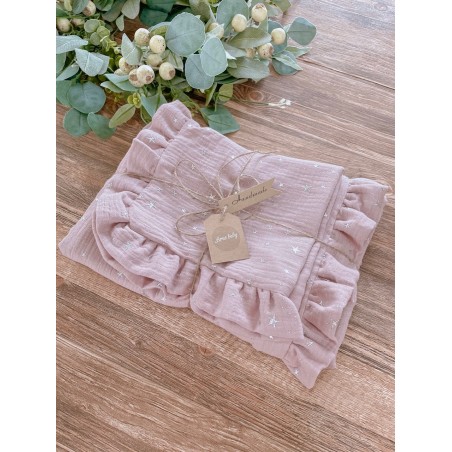 3 el. Pościel 120x90 Eco Muślin Premium z falbanką pudrowy róż