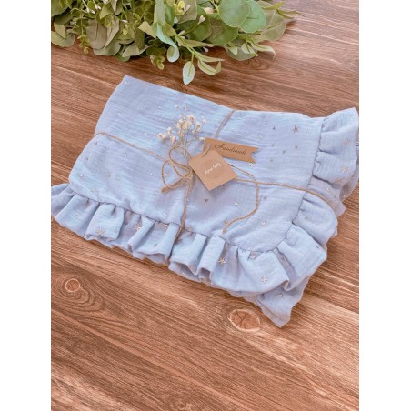 3 el. Pościel 120x90 Eco Muślin Stars Premium z falbanką niebieska