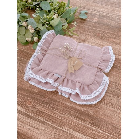 3 el. Pościel 120x90 Eco Muślin Premium z koronkową falbanką pudrowy róż