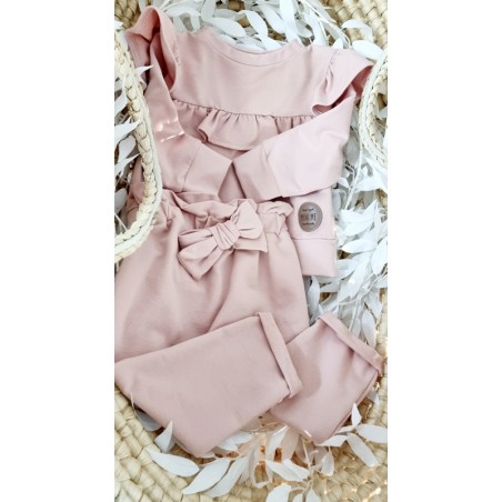 Dres z falbankami i kokardką- pudrowy MiniMe