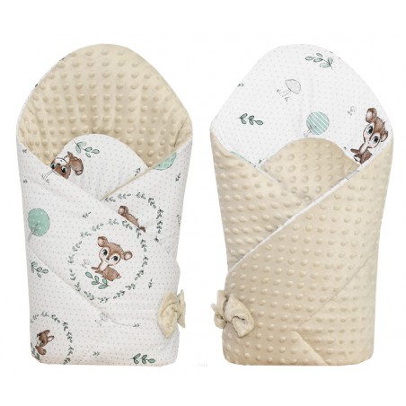 Rożek becik niemowlęcy dwustronny MINKY (beżowy +wianuszki zielone)