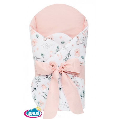 Rożek becik usztywniony wiązany KOKARDKA (małe słoniki +róż pudrowy)