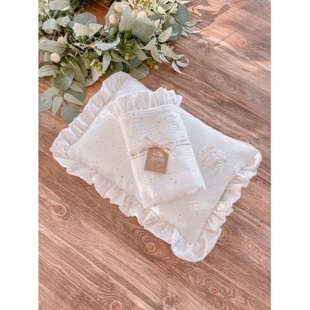 Pościel do wózka / kołyski / kosza mojżesza z falbanką Eco Muślin Dots śmietankowa