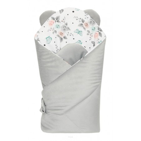 Rożek becik niemowlęcy VELVET (popiel +białe różyczki)