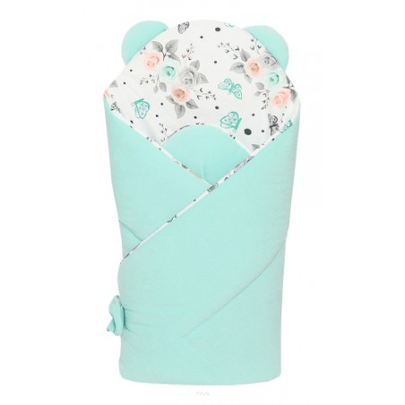 Rożek becik niemowlęcy VELVET (mięta +białe różyczki)