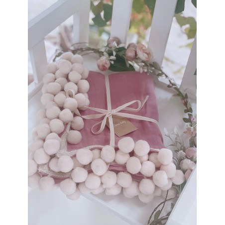 Kocyk Muślinowy 100x75 pompons koralowy