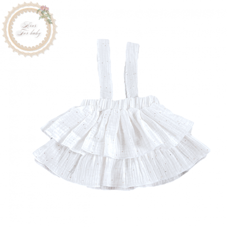 Spódnica na szelkach z dwóch falban z muślinu śmietankowa w złote kropki